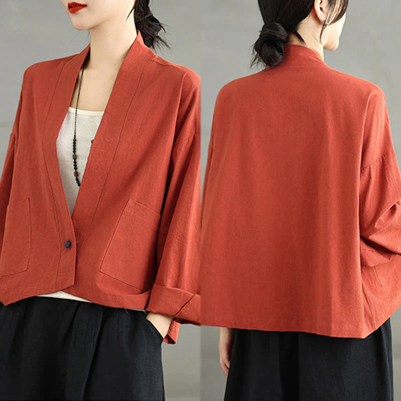 Buddha Stones Casual Vintage Plain Long Sleeve Open Front Cardigan Cotton Linen Jacket With Pockets
