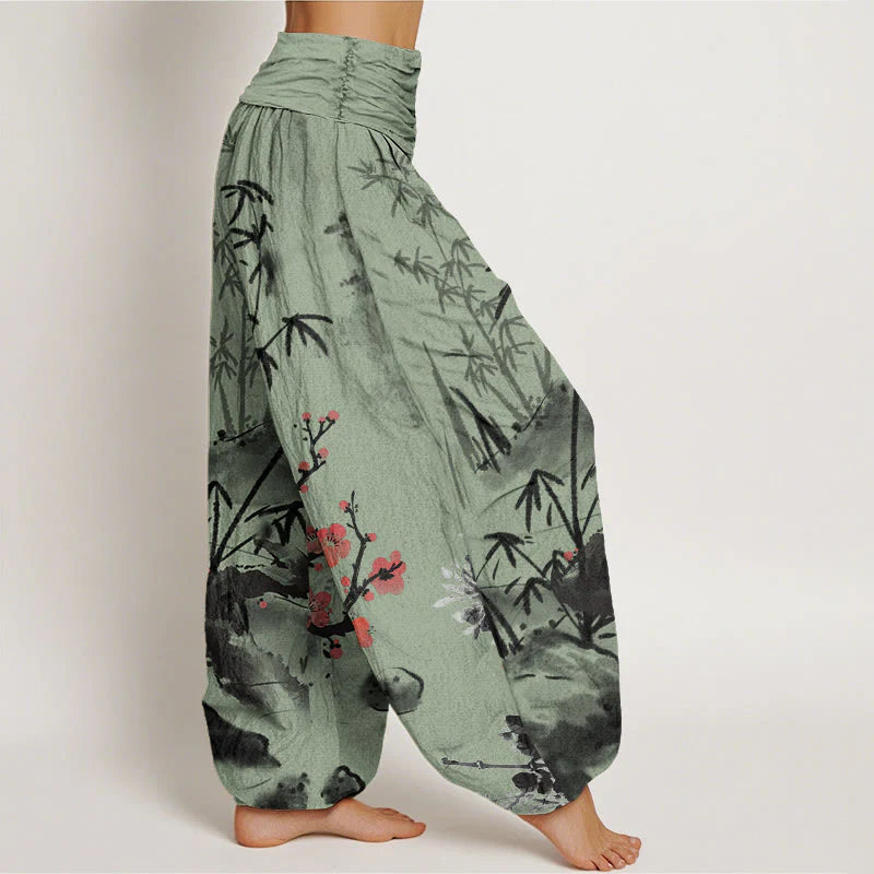 Buddha Stones Cotton Plum Blossoms Bamboo Orchids Chrysanthemums Pattern Women's Elastic Waist Harem Pants