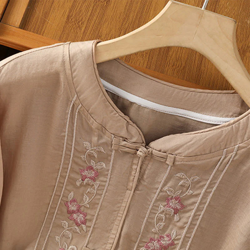 Buddha Stones Casual Embroidery Frog-Button Cotton Polyester Half Sleeve Women's Stand Collar Shirt