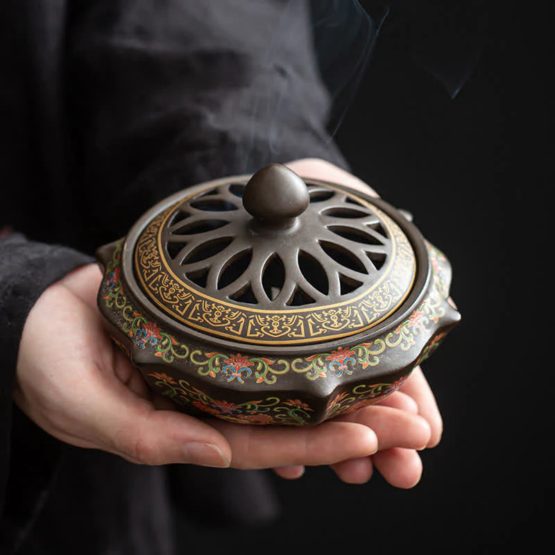 Buddha Stones Tibetan Floral Pattern Ceramic Blessing Incense Burner Decoration (Extra 35% Off | USE CODE: FS35)