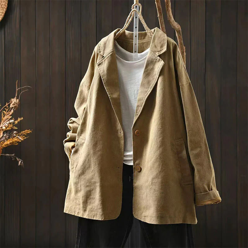 Buddha Stones Spring Fall Buttons Lapel Collar Long Sleeve Mid-length Cotton Women's Jacket With Pockets