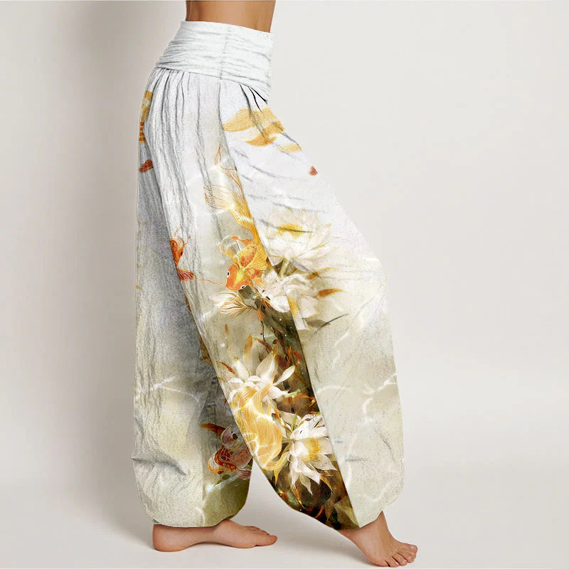 Buddha Stones Pure Cotton Light-Colored Koi Fish Lotus Flower Pattern Women's Elastic Waist Harem Pants