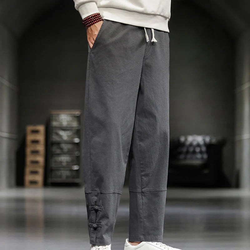 Buddha Stones Drawstring Elastic Waist Frog-Button Ankle-Length Men's Cotton Pants With Pockets