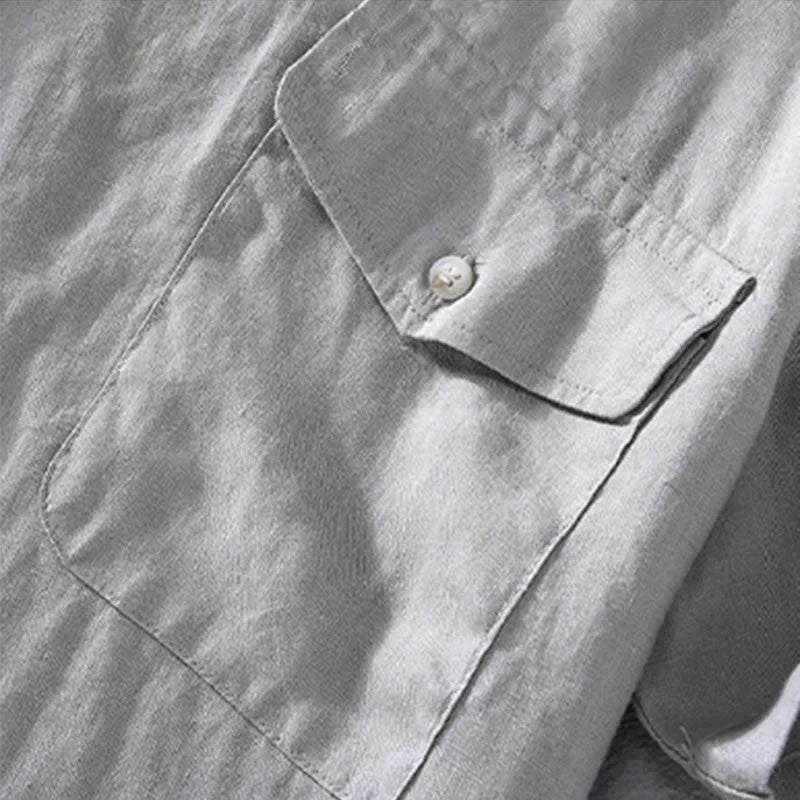 Buddha Stones Crew Neck Simple Design Men's Short Sleeve Linen Shirt With Pocket