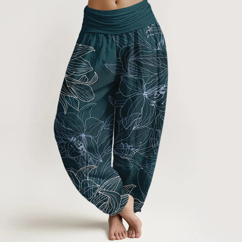 Buddha Stones Pure Cotton Minimalist Style Flower Pattern Women's Elastic Waist Harem Pants