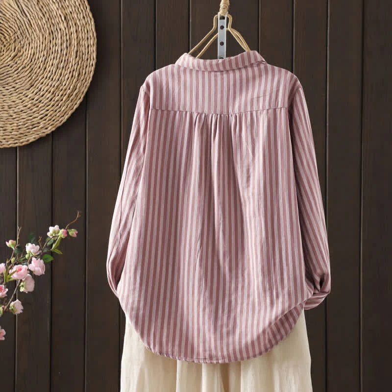 Buddha Stones Spring Vertical Stripes Long Sleeve Decorative Pocket Women's Cotton Buttons Shirt