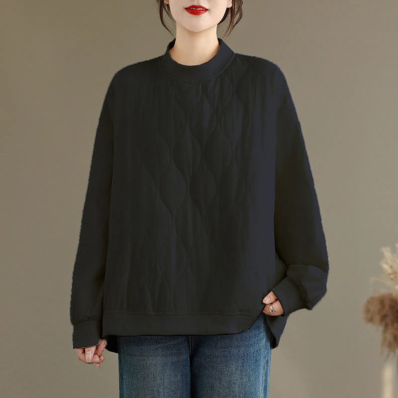 Buddha Stones Fall Solid Curved design Crew Neck Long Sleeve Women's Cotton Sweatshirt With Pockets