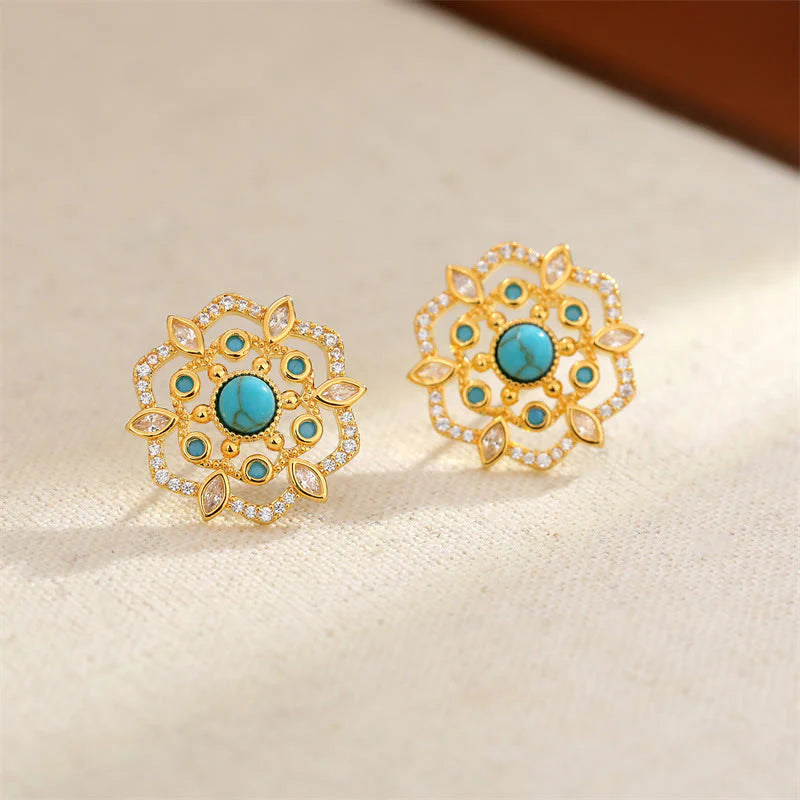 Buddha Stones Octagonal Compass Zircon Copper Balance Stud Earrings