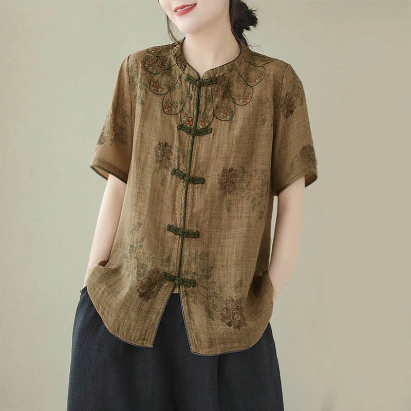 Buddha Stones Purple Flower Print Frog-Button Design Shirt