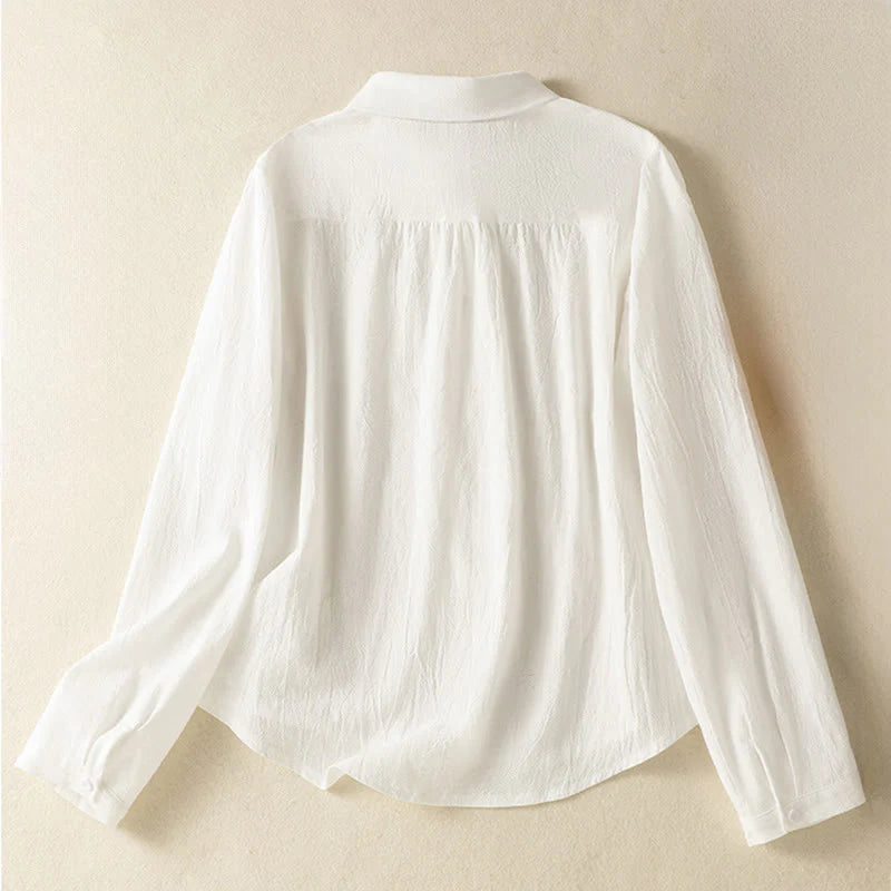 Buddha Stones Women's Spring Retro Plain Simple Embroidery Design Long Sleeve Cotton Shirt With Pocket