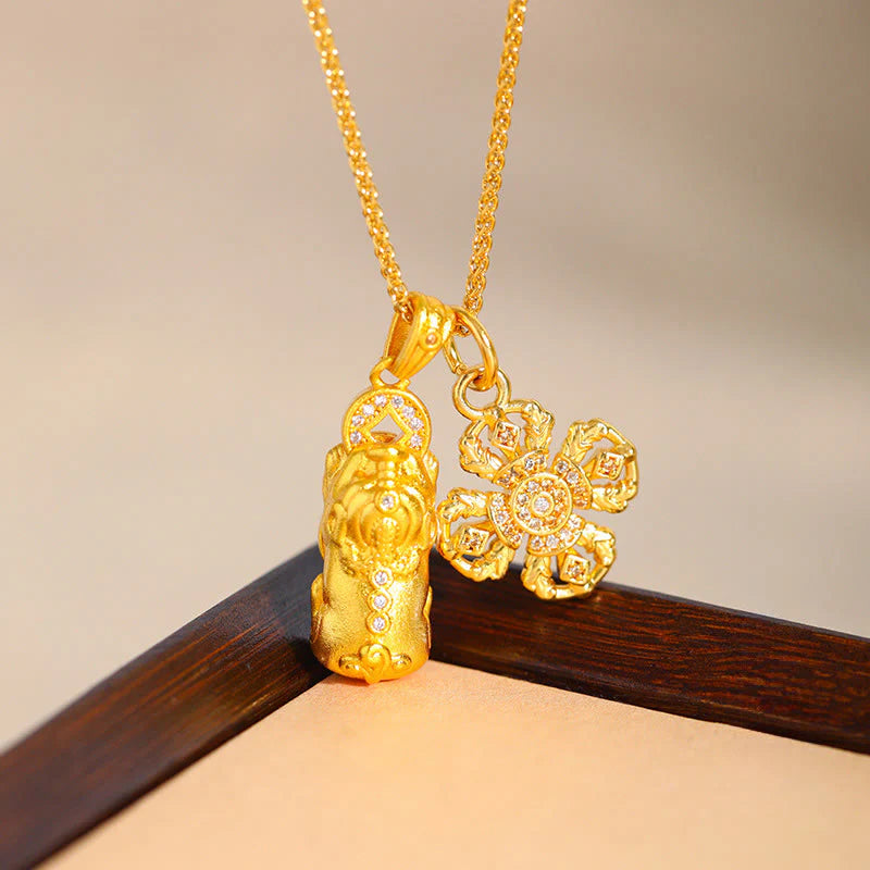 Buddha Stones 24k Gold Plated Brass Pixiu Cross Dorje Vajra Wealth Chain Pendant Necklace