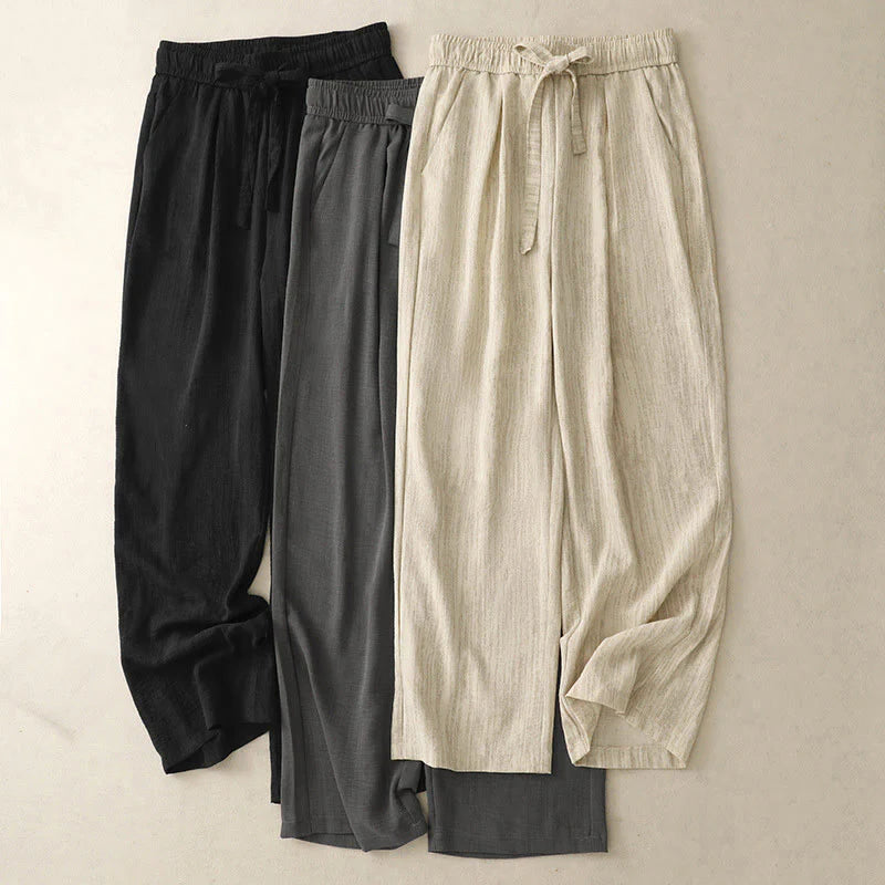 Buddha Stones Casual Summer Lace-Up Texture Design Women's Cotton Wide Leg Pants With Pockets
