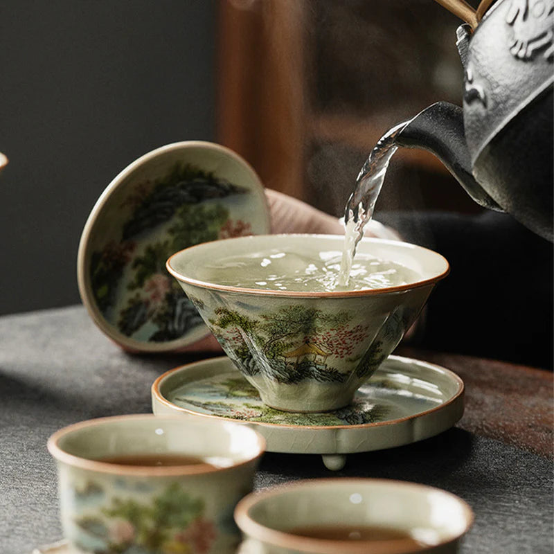 Buddha Stones Pine Mountain Forest Landscape Ceramic Gaiwan Sancai Teacup Kung Fu Tea Cup And Saucer With Lid (Extra 35% Off | USE CODE: FS35)