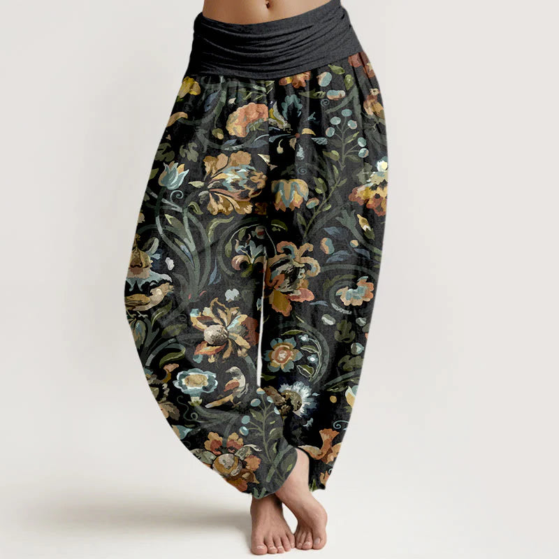 Buddha Stones Cotton Retro Flowers Vines Bird Pattern Women's Elastic Waist Harem Pants