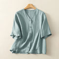 Buddha Stones Summer Solid Color V-Neck Buttons Simple Design Women's Short Sleeve Shirt