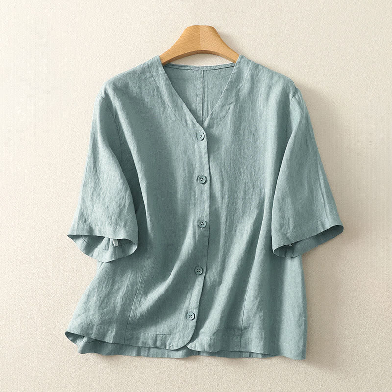 Buddha Stones Summer Solid Color V-Neck Buttons Simple Design Women's Short Sleeve Shirt
