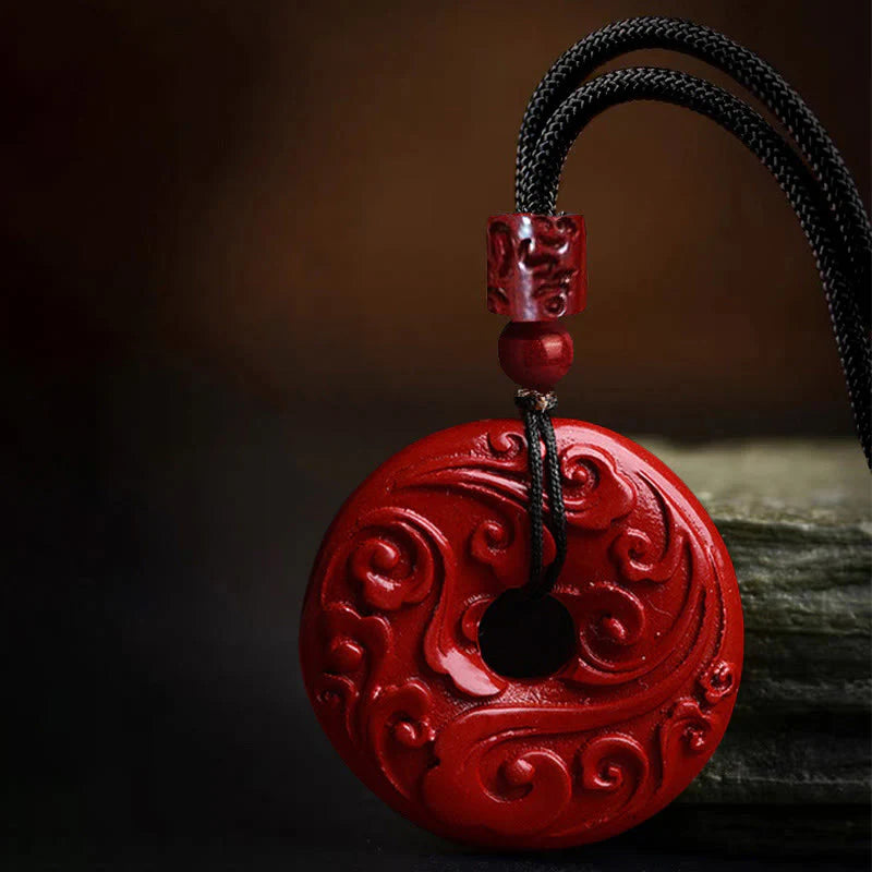 Buddha Stones Natural Cinnabar Lotus Peace Buckle Blessing Necklace String Pendant