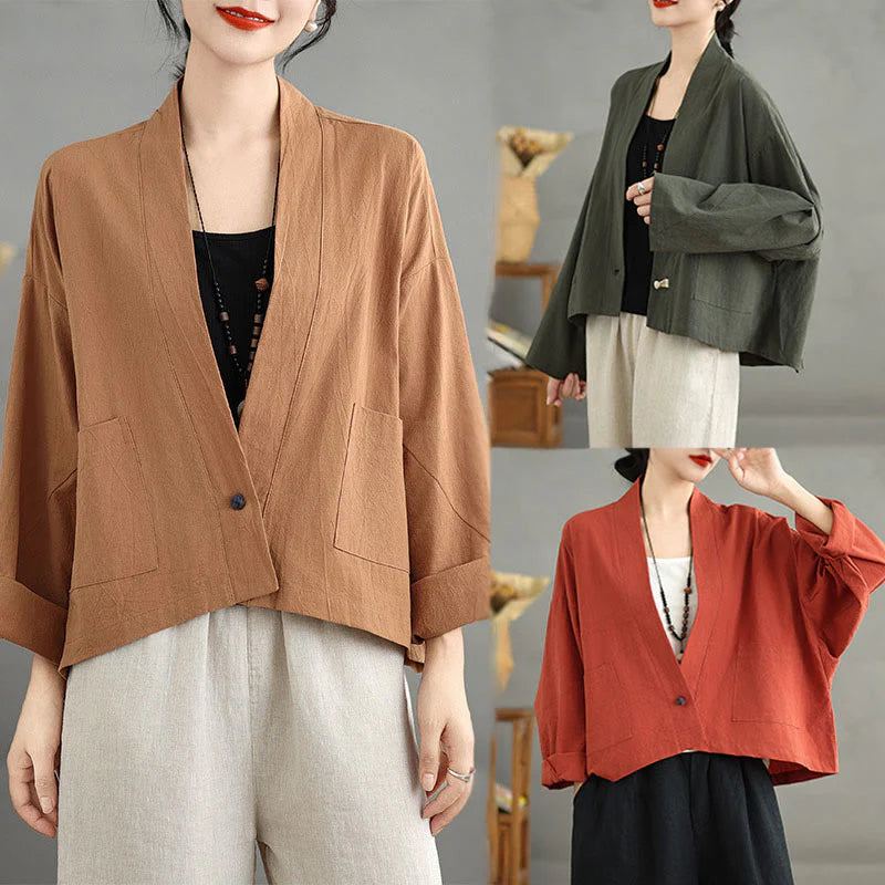 Buddha Stones Casual Vintage Plain Long Sleeve Open Front Cardigan Cotton Linen Jacket With Pockets