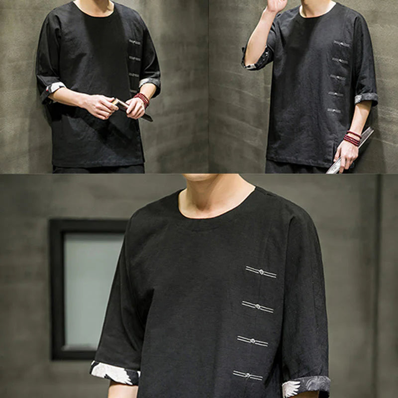 Buddha Stones Summer Retro Solid Color Patchwork Design Men's Three Quarter Sleeve Cotton Linen T-Shirt