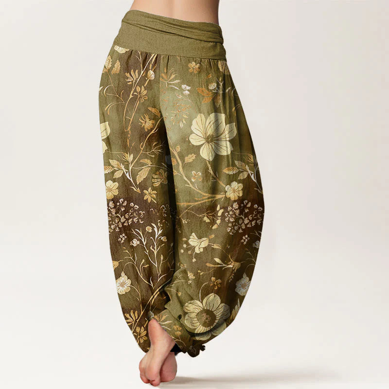 Buddha Stones Cotton White Flowers Winding Vines Pattern Design Women's Elastic Waist Harem Pants