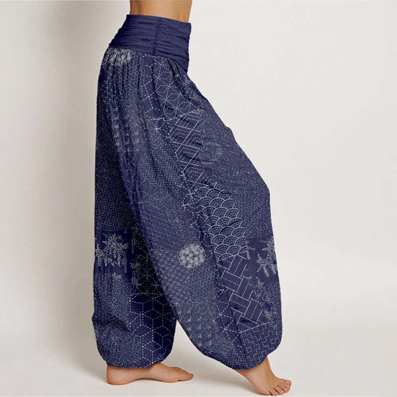 Buddha Stones Geometric Pattern Women's Elastic Waist Harem Pure Cotton Printed Pants