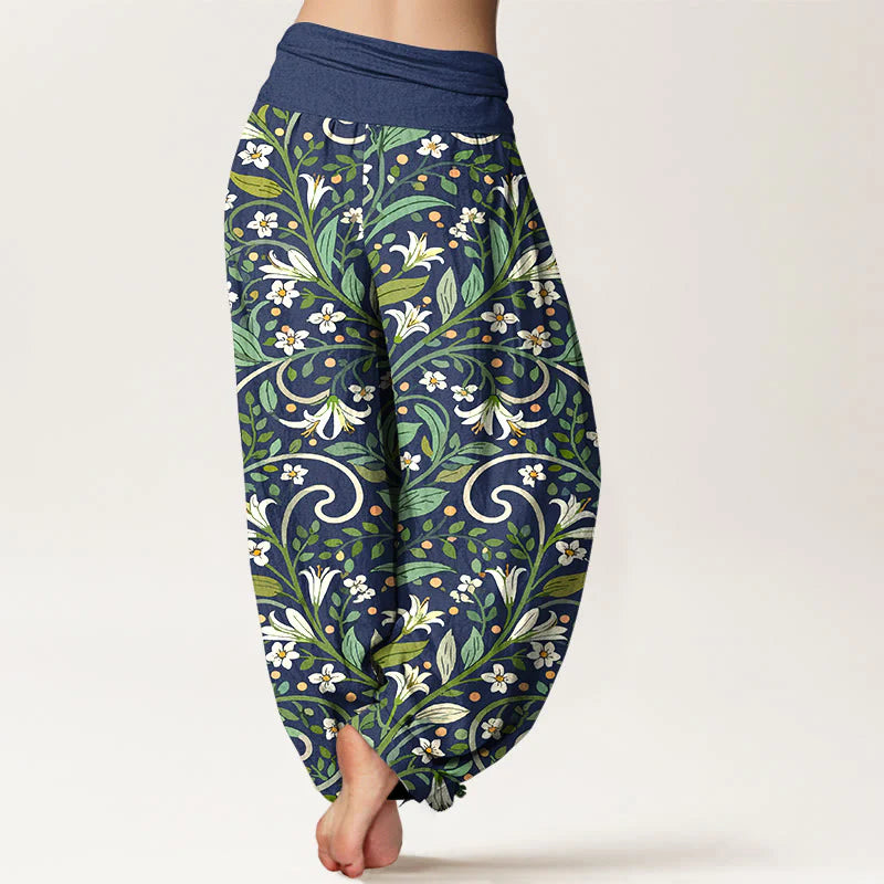Buddha Stones Pure Cotton Elegant Lily Petal Leaf Pattern Women's Elastic Waist Harem Pants