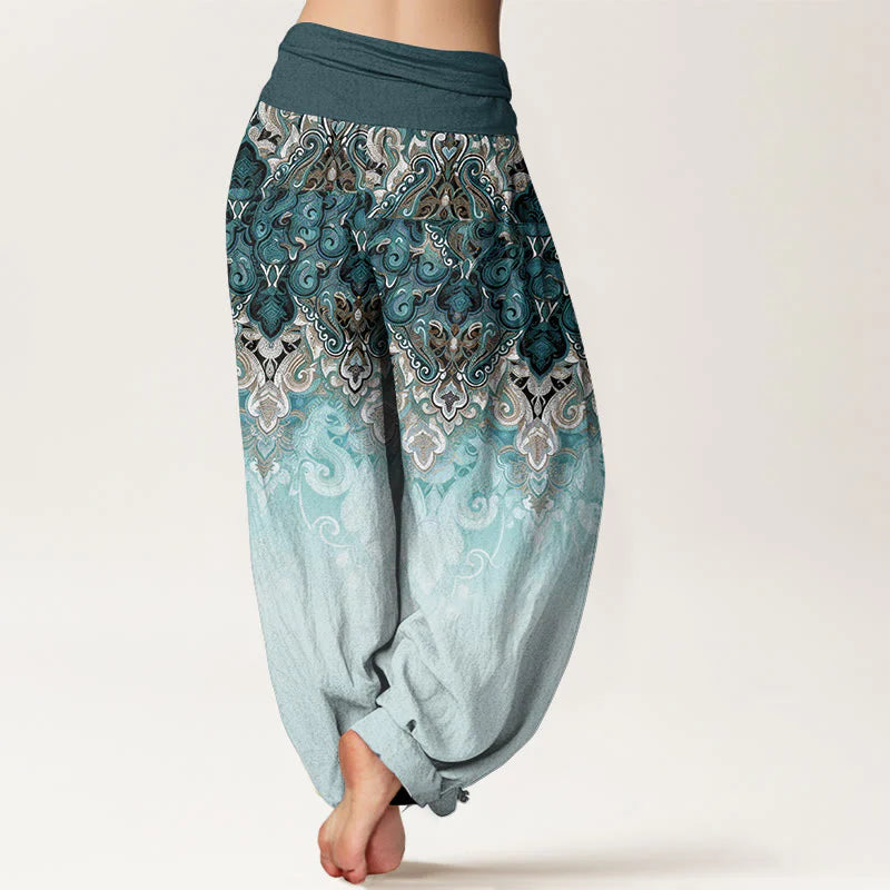 Buddha Stones Paisley Floral Gradient Design Women's Pure Cotton Elastic Waist Harem Pants