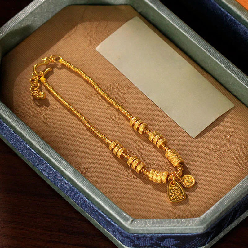 Buddha Stones 24k Gold Plated Brass Fu Character Lucky Charm Blessing Bracelet