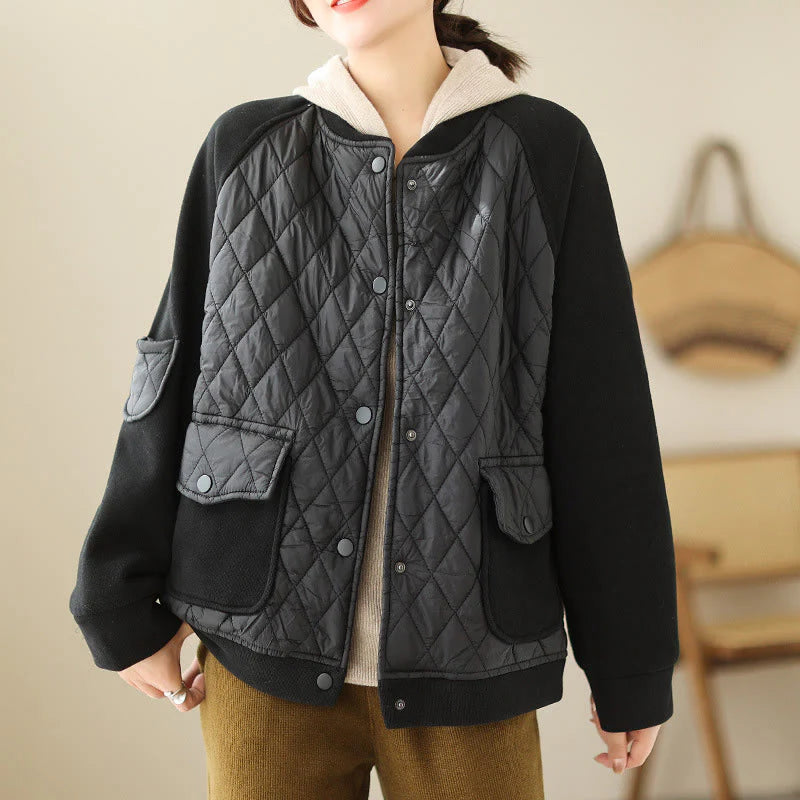 Buddha Stones Diamond Pattern Women's Long Sleeve Thickened Jacket With Pockets