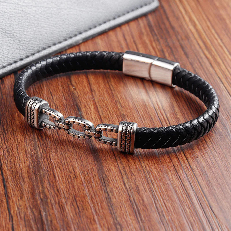 Buddha Stones Handmade Chain Link Design Titanium Steel Leather Strengthen Bracelet