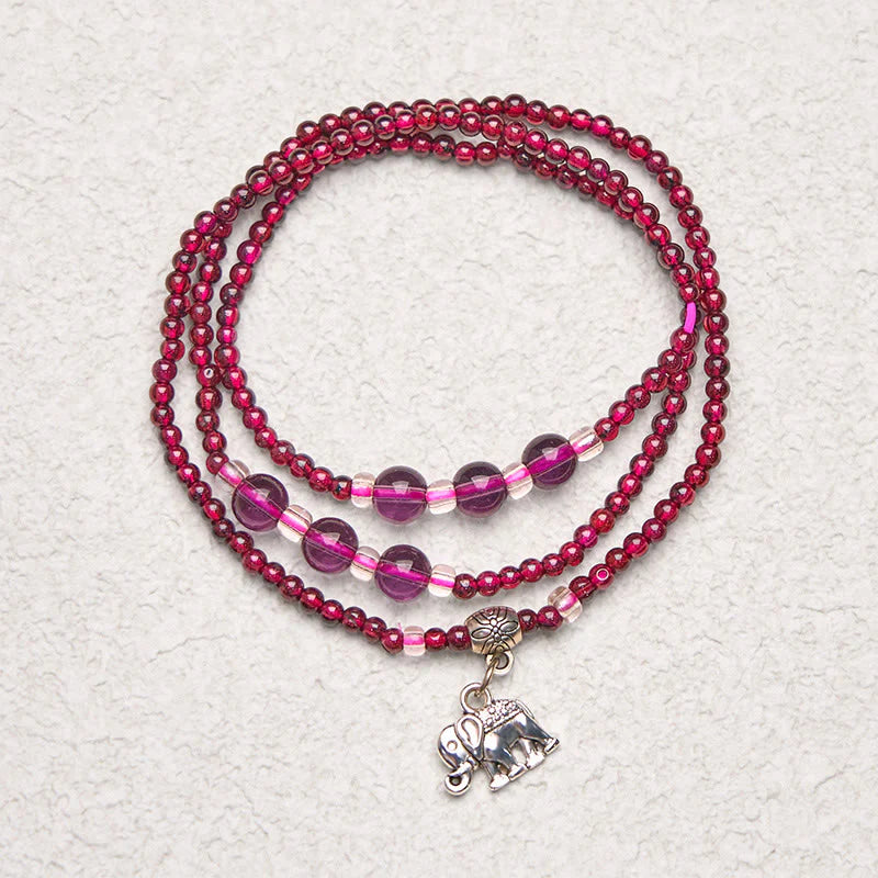 Buddha Stones Natural Garnet Elephant Abacus Lucky Bag PiXiu Protection Triple Wrap Bracelet