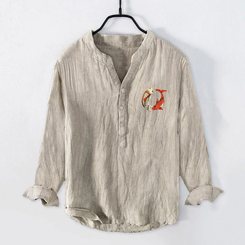 Buddha Stones Red White Koi Fish Yin Yang Pattern Half Buttons Men's Cotton Linen Long Sleeve Shirt