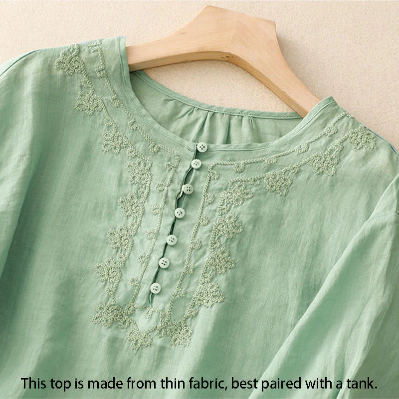Buddha Stones Line Embroidery Button Crew Neck Half Sleeve Women's Cotton Shirt