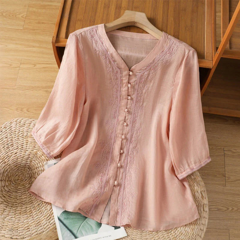 Buddha Stones Casual Embroidery Frog-Button Polyester Half Sleeve Women's V-neck Shirt