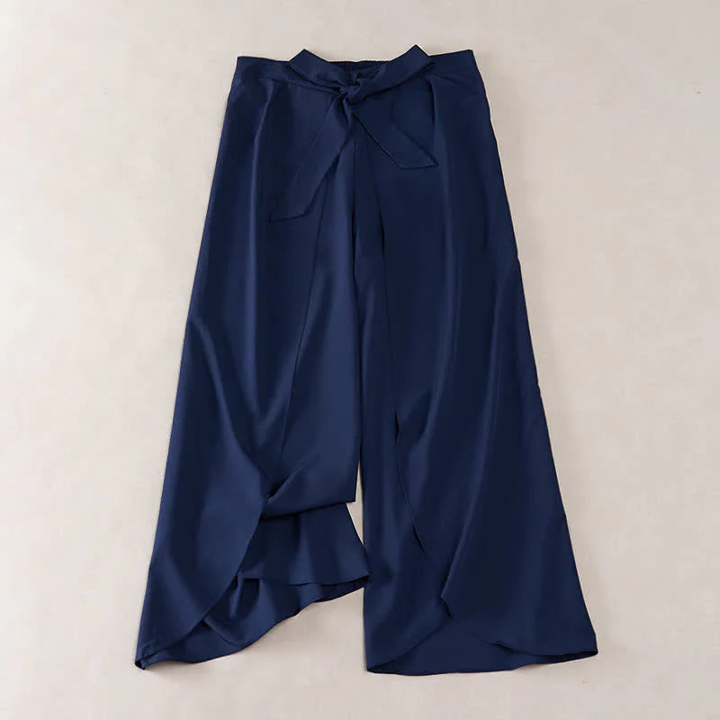 Buddha Stones Elegant Plain Side-Slit Drawstring Bow Design High Waist Women's Wide Leg Pants