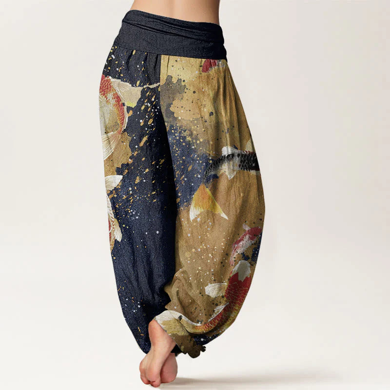 Buddha Stones Cotton Casual Koi Fish Gold Ink Background Pattern Women's Elastic Waist Harem Pants