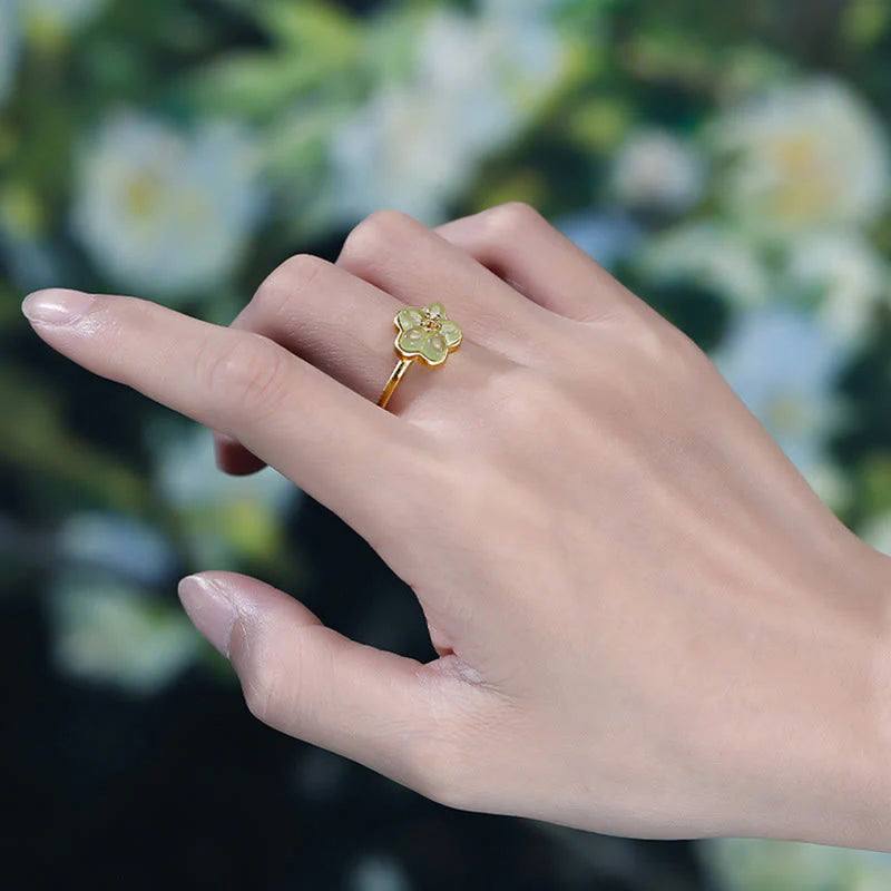Buddha Stones Plum Blossom Hetian Jade Copper Luck Ring