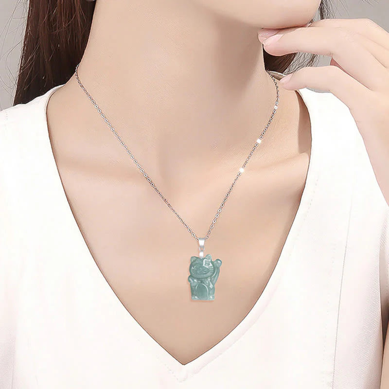 Buddha Stones Natural Jade Lucky Cat Abundance Titanium Steel Necklace Pendant