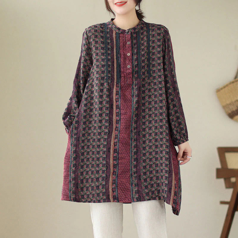 Buddha Stones Retro Printed Floral Women's Accordion Pleats Design Long Sleeve Shirt With Pockets