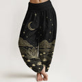 Buddha Stones Pure Cotton Elegant Moon Star Cloud Lotus Flower Water Ripple Pattern Women's Elastic Waist Harem Pants