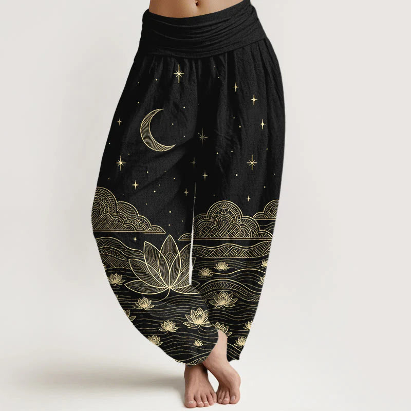Buddha Stones Pure Cotton Elegant Moon Star Cloud Lotus Flower Water Ripple Pattern Women's Elastic Waist Harem Pants