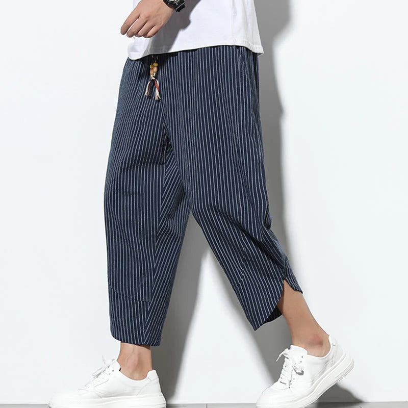 Buddha Stones Summer Stripes Pattern Drawstring Cotton Linen Men's 7-8 Length Harem Pants With Pockets
