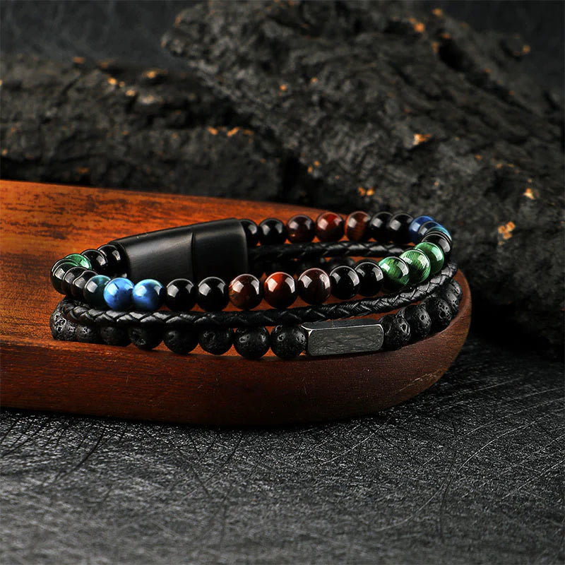 Buddha Stones Tiger Eye Lava Rock Bead Braided Strength Leather Bracelet