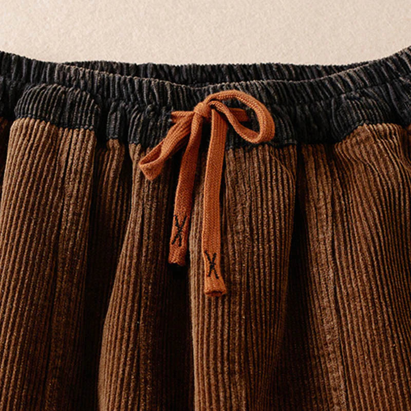 Buddha Stones Color Contrast Corduroy Cotton Women's Thermal Fleece-Lined Harem Pants With Pockets