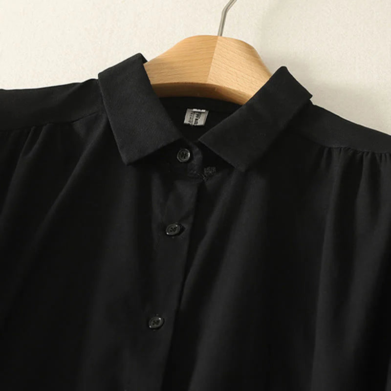 Buddha Stones Fall Solid Color Lapel Buttons Long Sleeve Cotton Midi Dress With Pockets