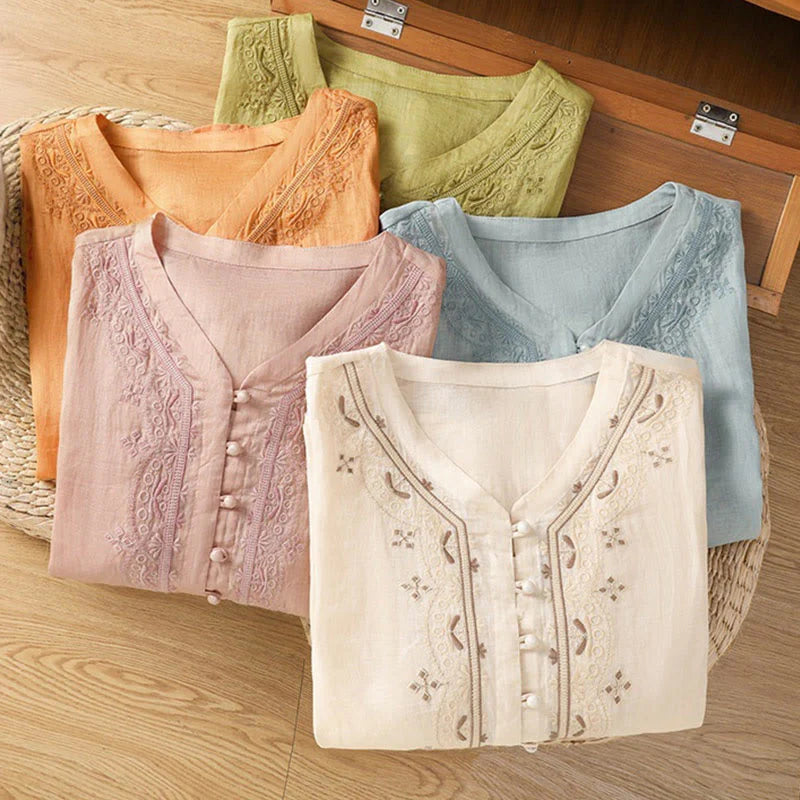 Buddha Stones Casual Embroidery Frog-Button Polyester Half Sleeve Women's V-neck Shirt