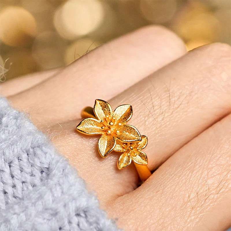 Buddha Stones Lilac Flower Adjustable 24k Gold Plated Copper Brass Ring