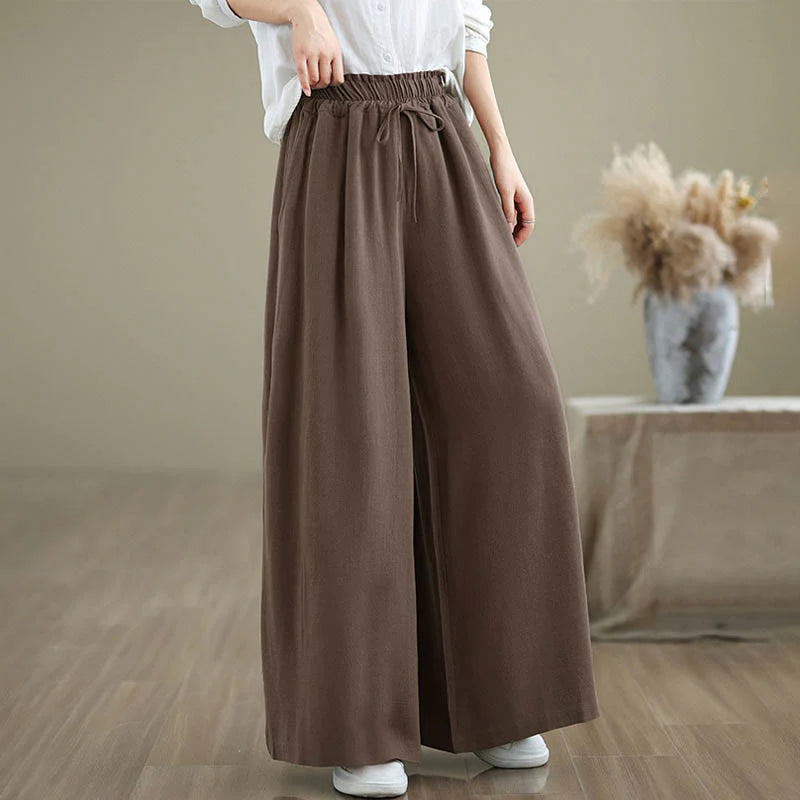 Buddha Stones Women's Pure Color Drawstring Cotton Linen Wide Leg Ankle-Length Pants With Pockets