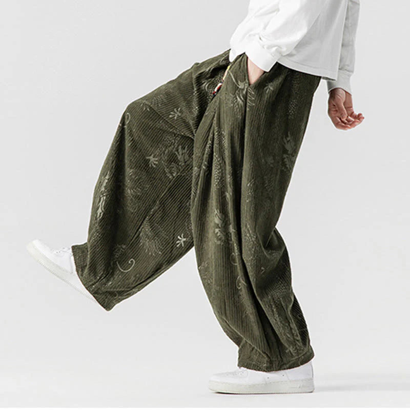 Buddha Stones Winter Dragon Phoenix Pattern Cotton Corduroy Men's Harem Pants With Pockets