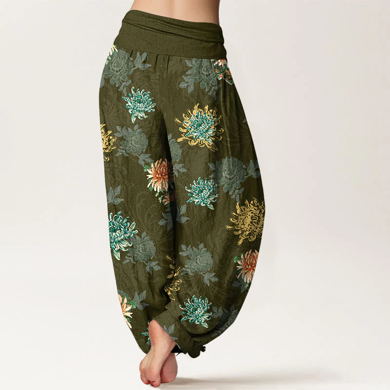Buddha Stones Cotton Various Colors Chrysanthemum Pattern Women's Elastic Waist Harem Pants